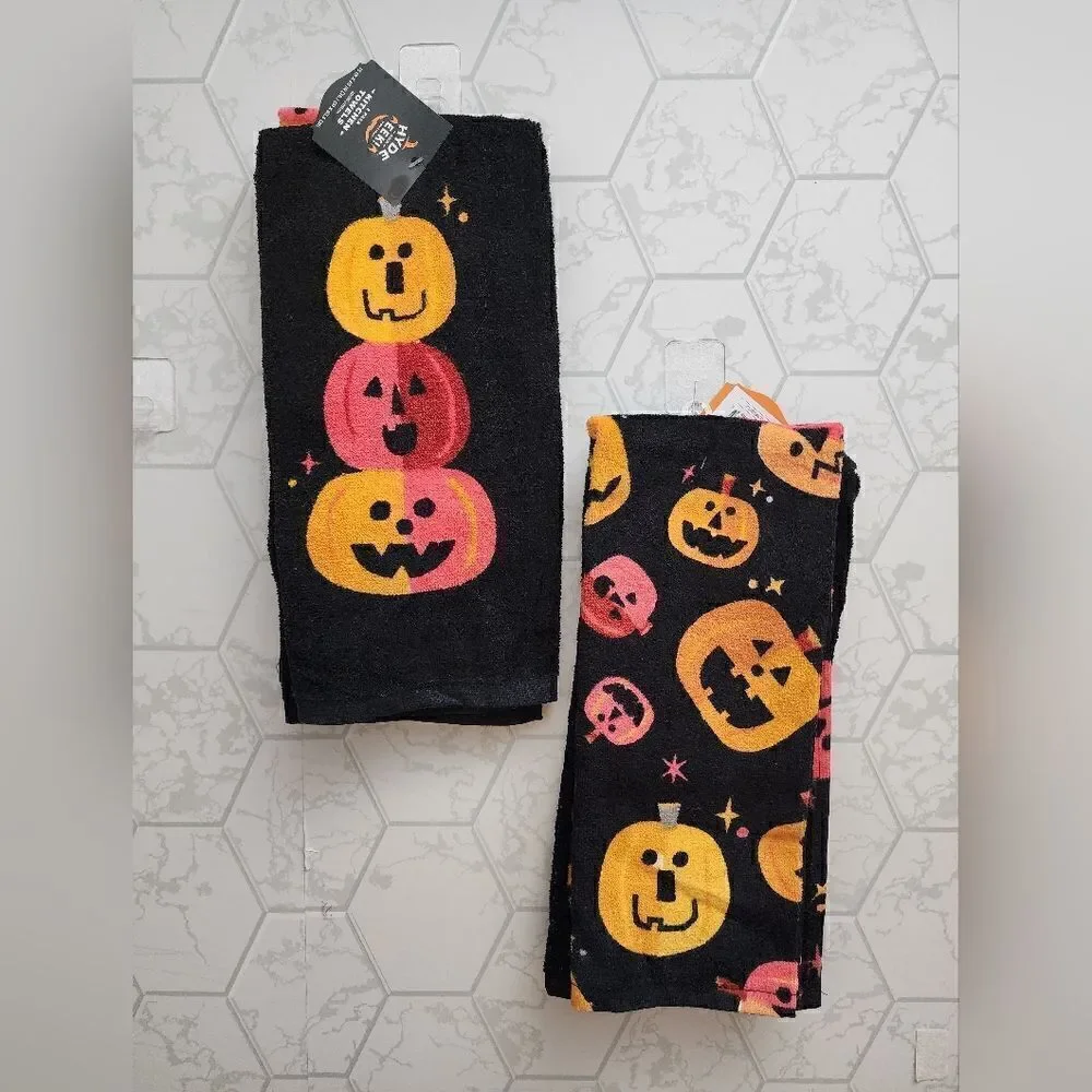 Lot of 2 Jack-O'-Lantern Halloween Kitchen Terry Towels Sets, Hyde & EEK!